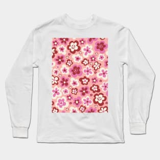 retro florals pattern, 70s groovy flowers, flower market, scandinavian florals, danish style, pink, red, burgundy, peach Long Sleeve T-Shirt